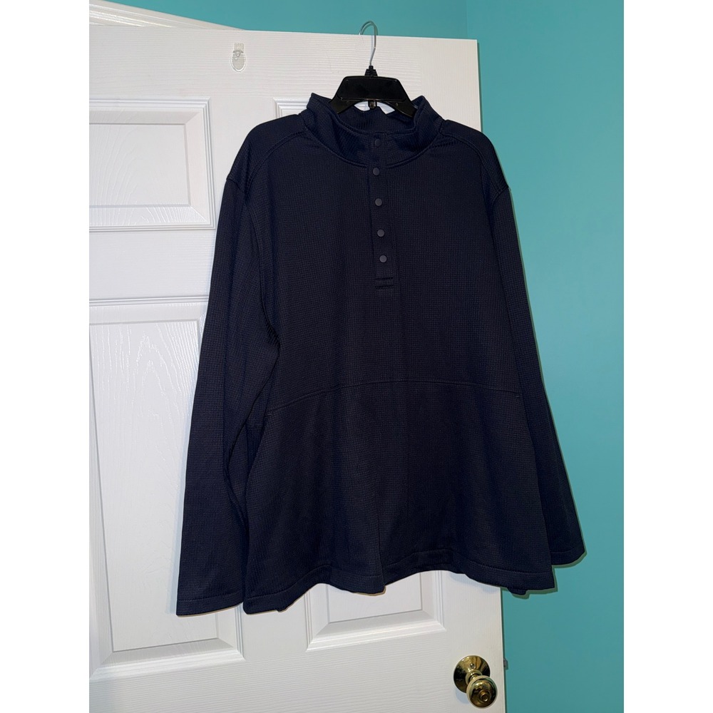 Lands End Mens 2XL Navy Blue Grid Fleece Snap Mock Neck Pullover Sweater 1706